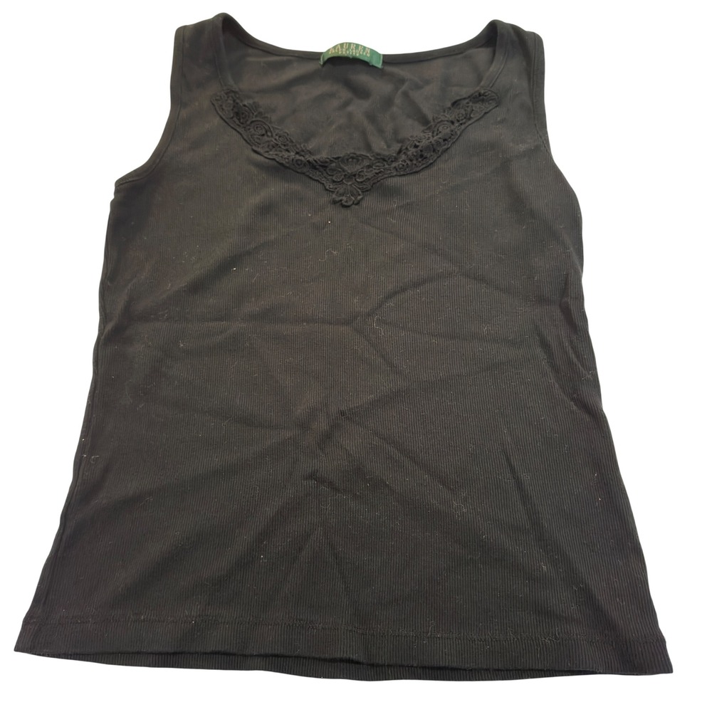 Lauren Ralph Lauren Tank Top Petite Black Ribbed Lace Trim V-Neck Sleeveless P